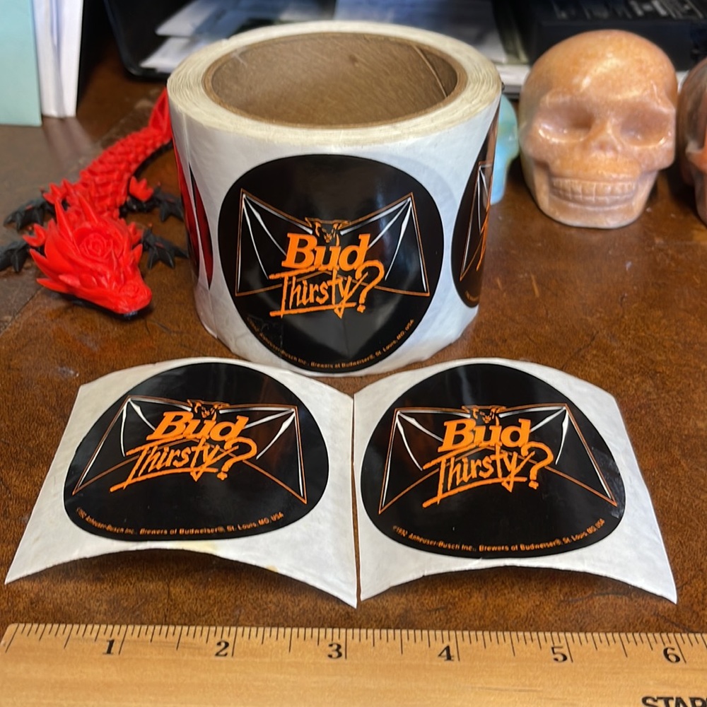 Roll of Budweiser stickers! Vintage bat bud thirsty